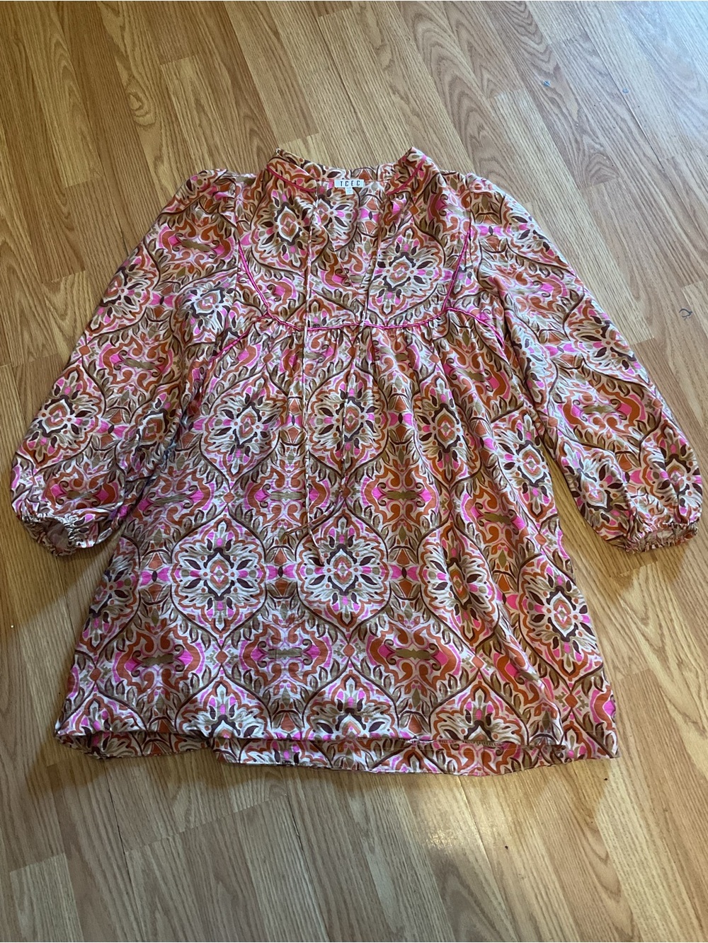 TCEC-Boho Floral Print Peasant MINI Dress in Pink and Brown Paisley Sz.S.